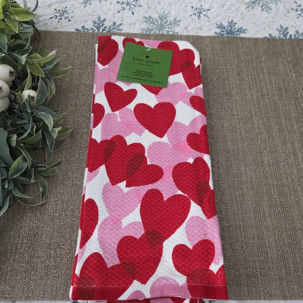 Kate Spade Red and Pink Heart Kitchen Towels Set Of 3